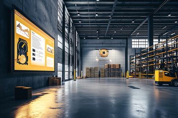modern warehouse interior featuring large digital display, storage shelves, and forklift. space is well lit and organized, showcasing efficient warehouse management