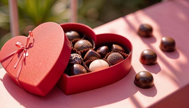 open Red Heart-shaped Chocolate Box with Pink Ribbon for Valentine's Day