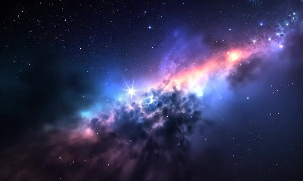 A mesmerizing cosmic scene unfolds, showcasing a vibrant nebula swirling with hues of deep blue, violet, and hints of pink. Stars twinkle in the vastness, creating a sense of depth and wonder. The neb