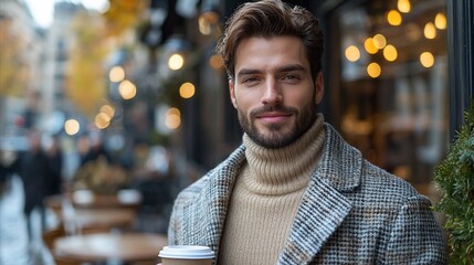 Obraz premium Handsome man in turtleneck sweater and coat, holding coffee, outdoors.