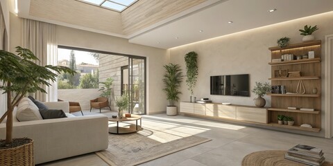 A modern beige interior with geometric sunlight, shadows, and natural decor, featuring an empty wall mockup for potential customization