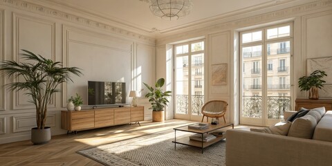 A modern beige interior with geometric sunlight, shadows, and natural decor, featuring an empty wall mockup for potential customization