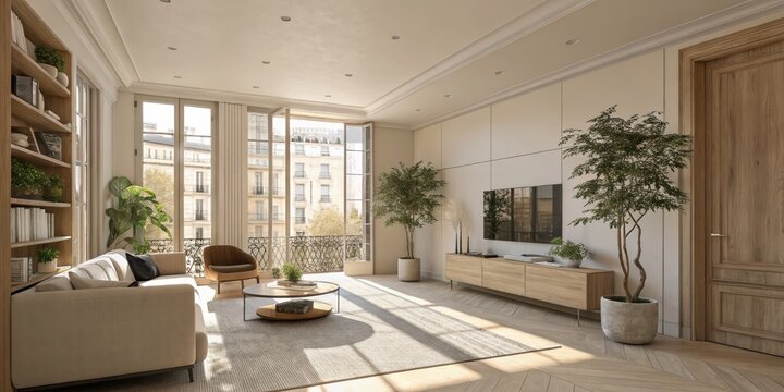 A modern beige interior with geometric sunlight, shadows, and natural decor, featuring an empty wall mockup for potential customization