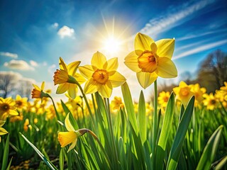 Fototapeta premium Minimalist spring scene: a sunny meadow explodes with bright yellow daffodils.