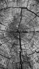 Fototapeta premium Black and white image of a tree cut with pronounced annual rings and cracks. Suitable for illustrations in scientific articles about wood, ecological projects or design works