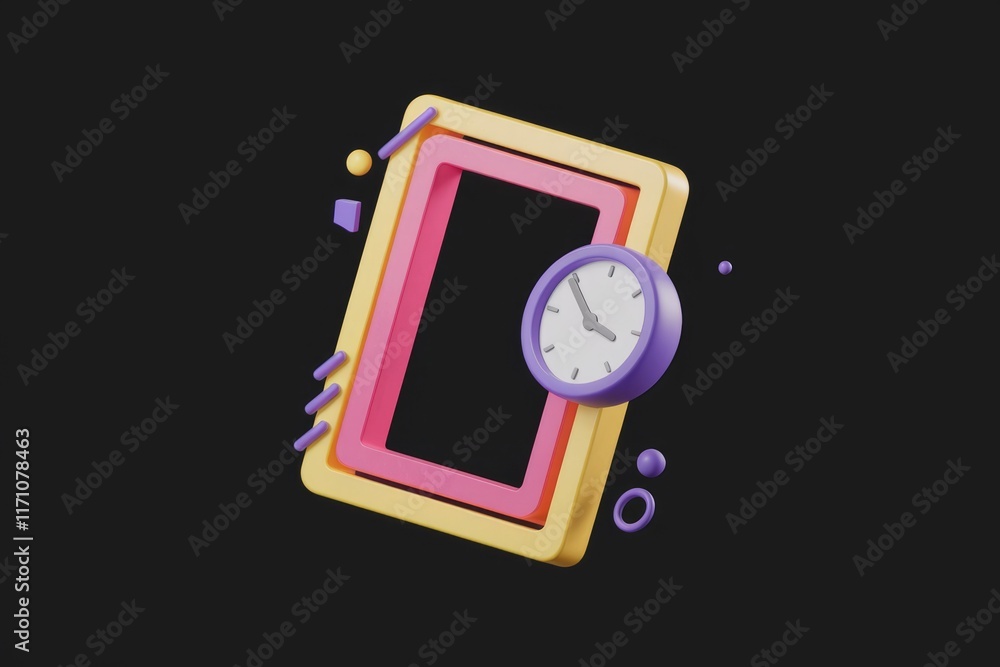 Poster 3D render of a colorful frame with a clock, symbolizing time management and productivity.