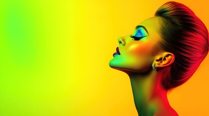 Fototapeta premium Vibrant Profile Portrait of a Woman with Artistic Makeup and Bold Colors