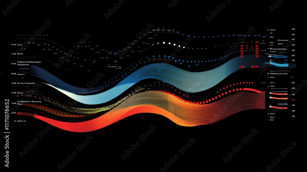Poster an engaging financial graph with multiple line trends intersecting, representing various business me