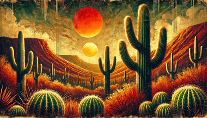 A dramatic and warm abstract desert landscape featuring large cacti in the foreground, colors and textured brushstrokes.