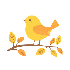 Cute cartoon bird on a branch with yellow leaves.