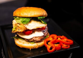 The best, most tasty burger, cheeseburger, basil, bell pepper, meat, sauce