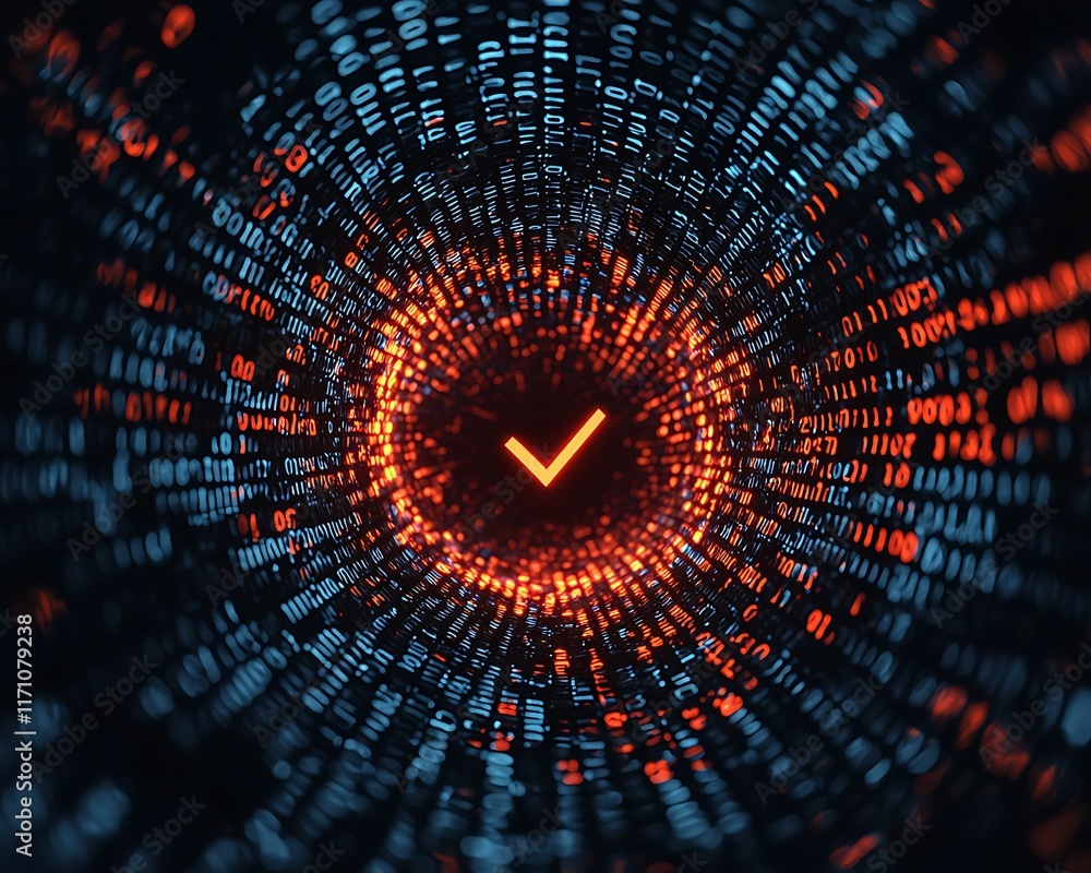 Poster online scam phishing financial scam concept, abstract digital tunnel with binary data and a central 