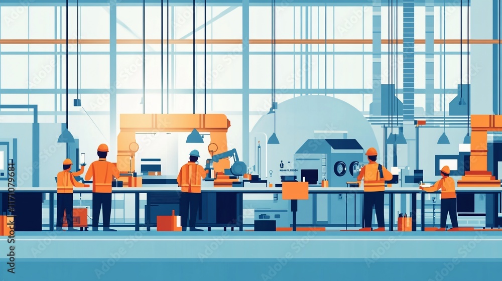 Poster modern factory interior with workers and robots. automated manufacturing process.