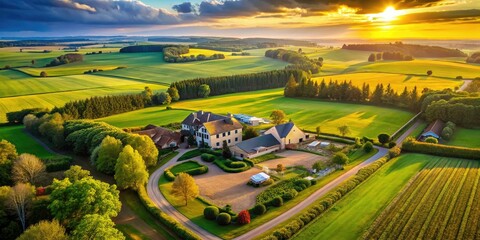 Golden Fields, Rural Estate, Aerial Photography, Tranquil Architecture