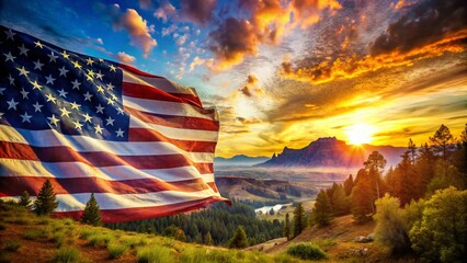 Obraz premium Patriotism Double Exposure: American Flag Overlapping Abstract Landscape