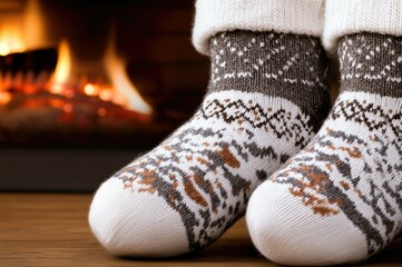Two people enjoy a cozy moment by the fireplace, wearing Christmas socks and basking in the warm glow of the firelight.