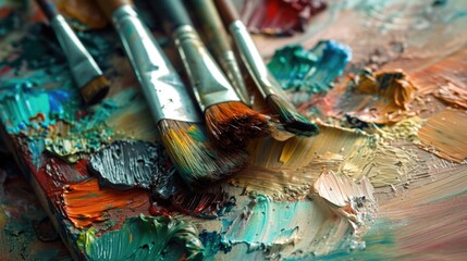 Fototapeta premium Artistic Inspiration: Vintage Paint Brushes and Palette in Studio Workshop