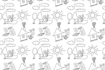 Fototapeta premium Black-and-white seamless pattern featuring a house, trees, a frog prince near a pond, fish, and sun for coloring.