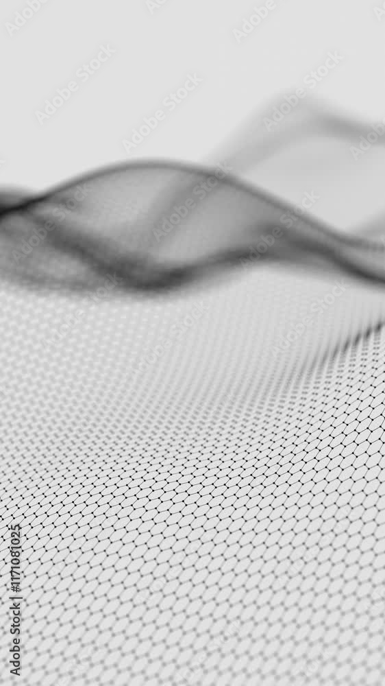 Poster Hexagonal Mesh Pattern with Flowing Abstract Waves in Black and White
