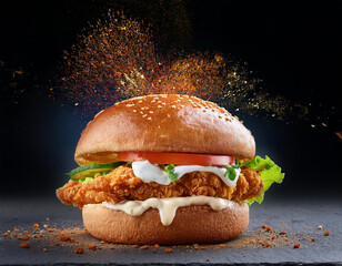 Explosive Crispy Chicken Burger with Fresh Ingredients and Dynamic Mayonnaise Splash