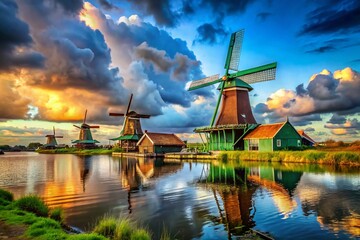 Obraz premium Picturesque Wooden Windmills at Zaanse Schans, Netherlands - Cloudy Sky Landscape
