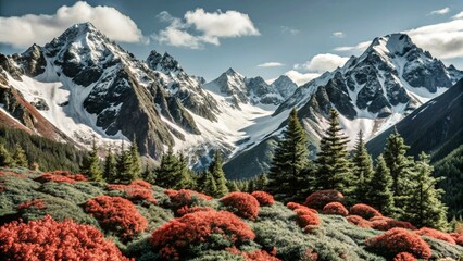 Snowy peaks rising above lush green valleys, blending winter&rsquo;s chill with nature&rsquo;s vibrancy.