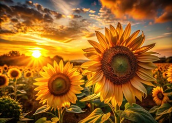 Obraz premium Golden Sunset Sunflowers Double Exposure AI Art