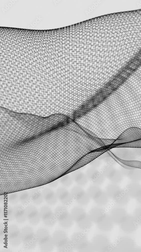 Poster Hexagonal Mesh Pattern with Flowing Abstract Waves in Black and White