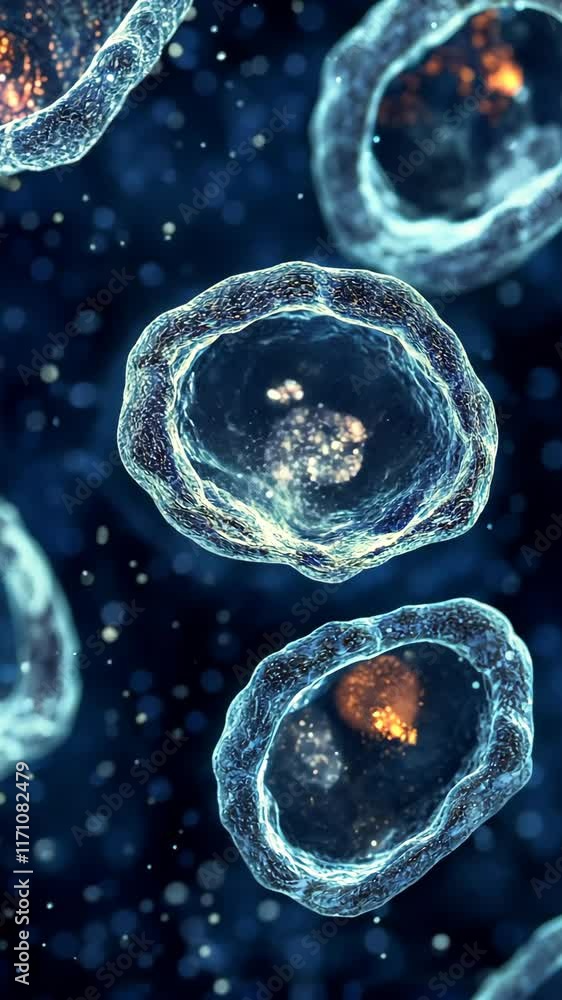 Poster close-up view of biological cells under a microscope showcasing intricate details in a dark lab sett