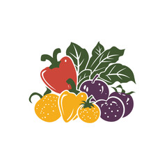 Colorful logo illustration of assorted fruits and vegetables.