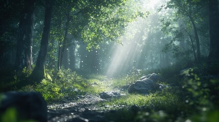 Obraz premium Sunlight streams through a tranquil forest path, dappled light filtering through lush greenery.