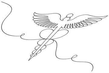 Caduceus with medical icon continuous one line drawing of isolated outline flat vector icon