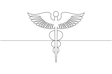 Caduceus with medical icon continuous one line drawing of isolated outline flat vector icon