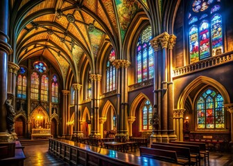 Naklejka premium Pittsburgh Catholic Church, Low Light Interior, Gothic Architecture, Night Photography, Pennsylvania