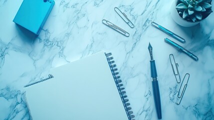 A workspace scene featuring stationery and a plant on a marble surface.