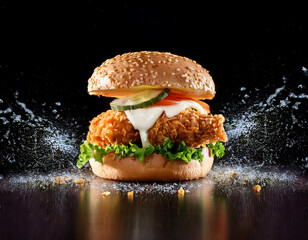 Explosive Crispy Chicken Burger with Fresh Ingredients and Dynamic Mayonnaise Splash