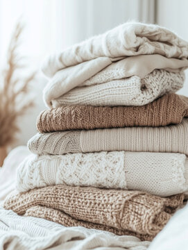 Organized Clothing Piles on Bedroom Bed