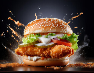 Explosive Crispy Chicken Burger with Fresh Ingredients and Dynamic Mayonnaise Splash