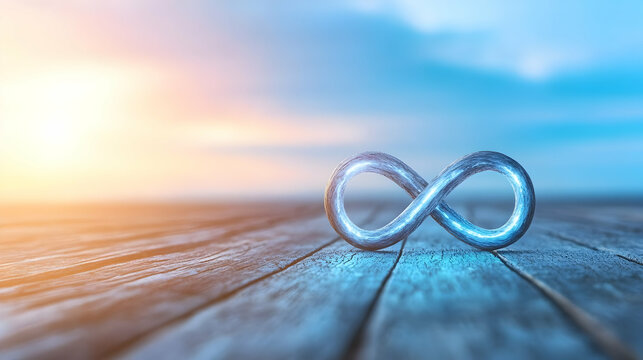 Glowing infinity symbol on wooden surface at sunset, representing eternity, potential, and limitless possibilities; ideal for concepts of future, growth, or timelessness