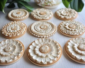Nine ornate, cream-colored floral coasters.