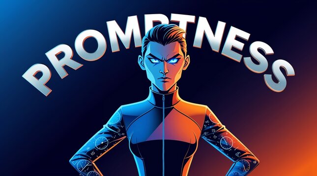 Stylized character design with the word "PROMPTNESS" for illustration and branding
