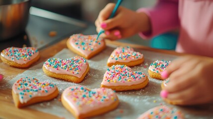 A playful baking session in a bright kitchen, where friends create heart-shaped cookies, covered in colorful icing and sprinkles.