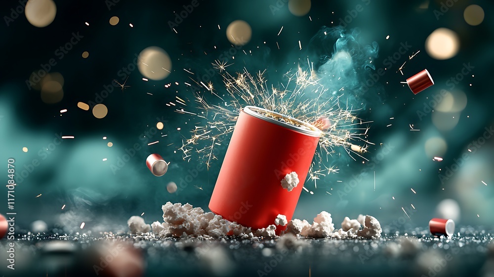 Poster close up detailed view of a vibrant red firecracker erupting with a shower of bright sparks and flam
