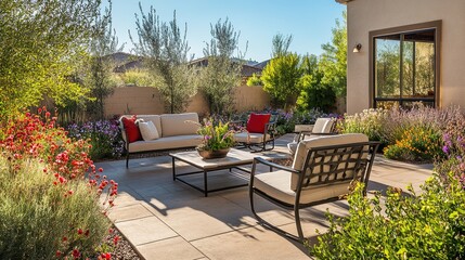 Obraz premium Cozy outdoor seating area surrounded by vibrant plants and flowe