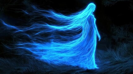 A glowing ethereal figure with flowing hair, set against a dark background.