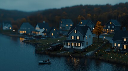 Obraz premium Serene Lakeside Retreat at Dusk with Autumn Foliage and Cozy Homes Illuminated by Warm Lights