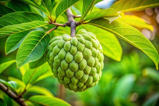 Portrait of a Cherimoya Tree, Lush Green Leaves & Fruit, Close-Up