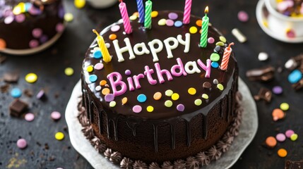 A chocolate cake with Happy Birthday piped in white icing, topped with chocolate ganache and surrounded by colorful birthday candles.