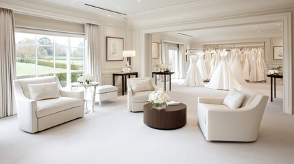 Elegant bridal boutique interior showcasing white wedding dresses and sophisticated design elements