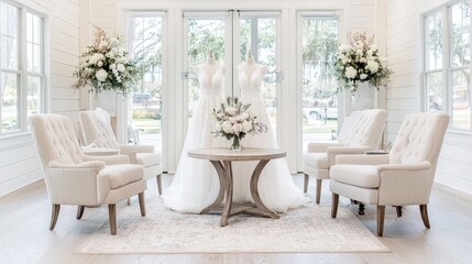 Elegant Bridal Showcase in a Chic Venue with Floral Arrangements and Beautiful Wedding Dresses